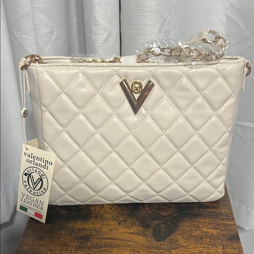 NWT Valentino Orlandi Cream Quilted Shoulder Bag with Gold Accents
